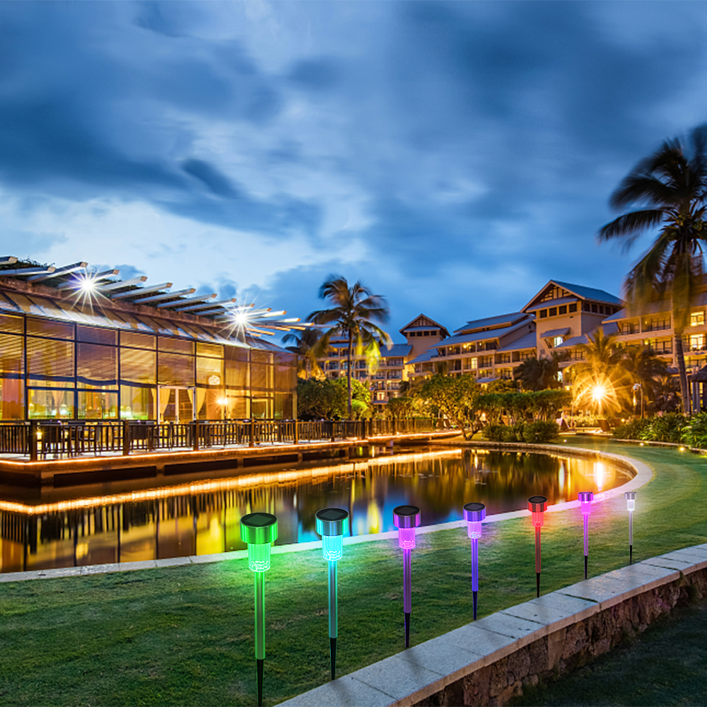 10 high-brightness 5W solar LED lawn lights with seven-color lampshades, made of stainless steel and ABS plastic