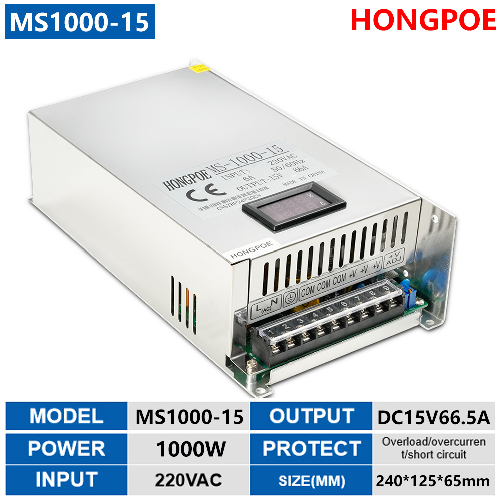 1000W 0-15V 66.5A DC industrial switching power supply for LED strips, converting AC to DC