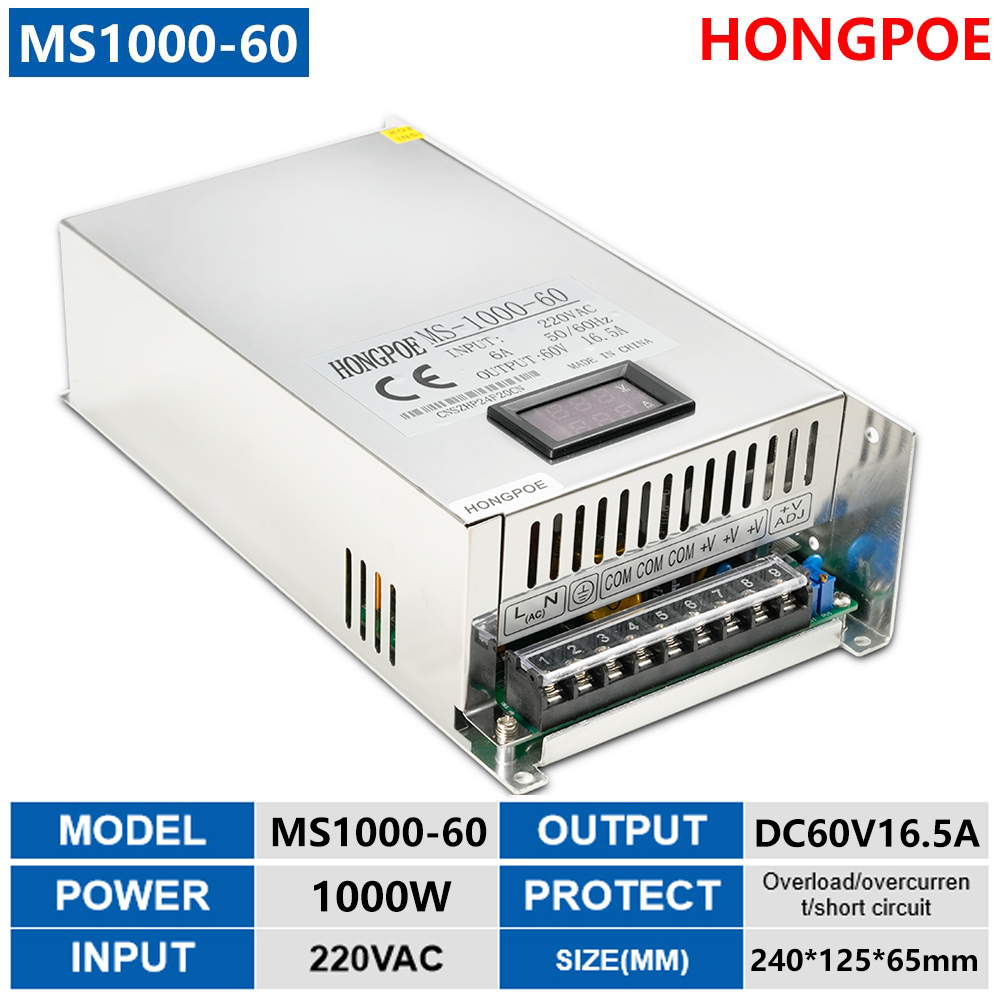 1000W 16.5A 0-60V industrial DC switching power adapter for LED strips, converting AC to DC