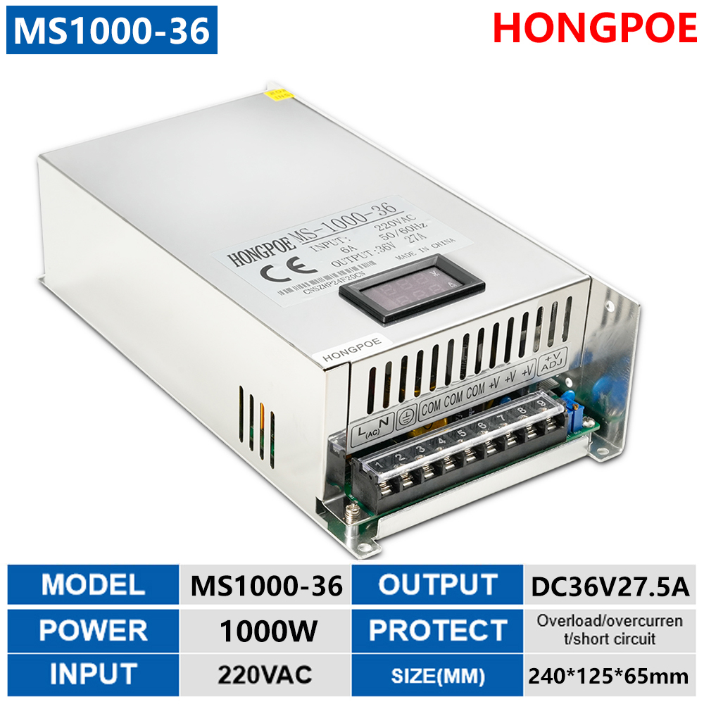 1000W 27.5A DC power supply with 0-36V adjustable output for industrial and LED applications