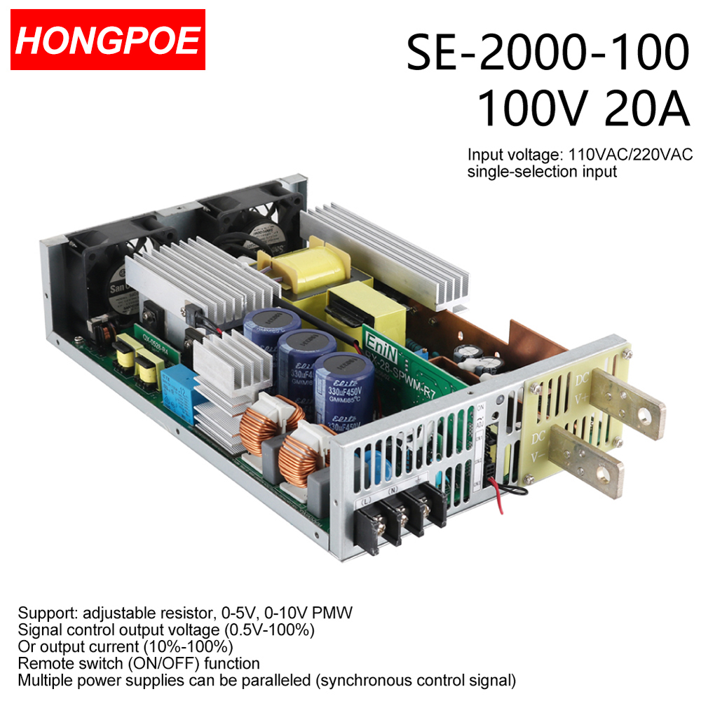 100V 20A 2000W CE-certified adjustable AC-DC power supply featuring 0-5V/0-10V PLC/PWM control and 0-100V regulation