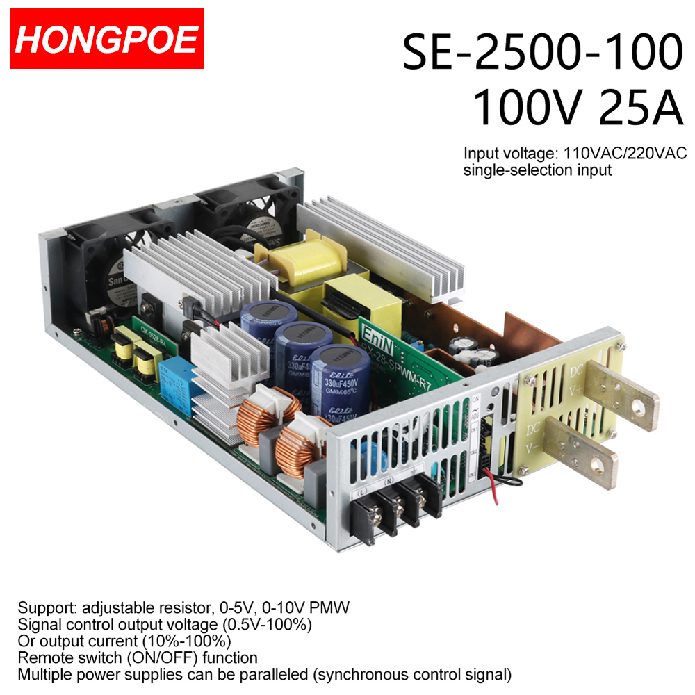 100V 25A 2500W CE-certified adjustable AC-DC power supply featuring 0-5V/0-10V PLC/PWM control and 0-100V regulation