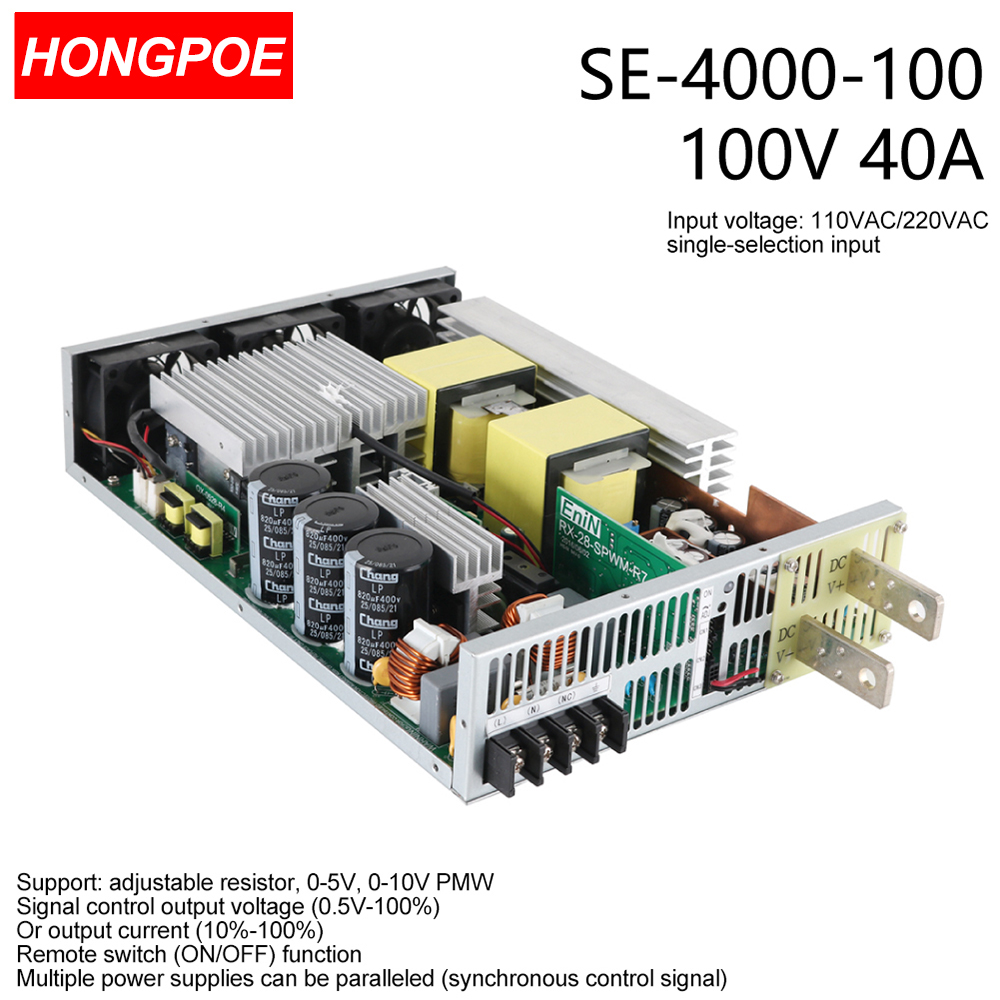 100V 40A 4000W SMPS with CE certification featuring adjustable AC-DC power, 0-5V/0-10V PLC/PWM control, and 0-100V regulation