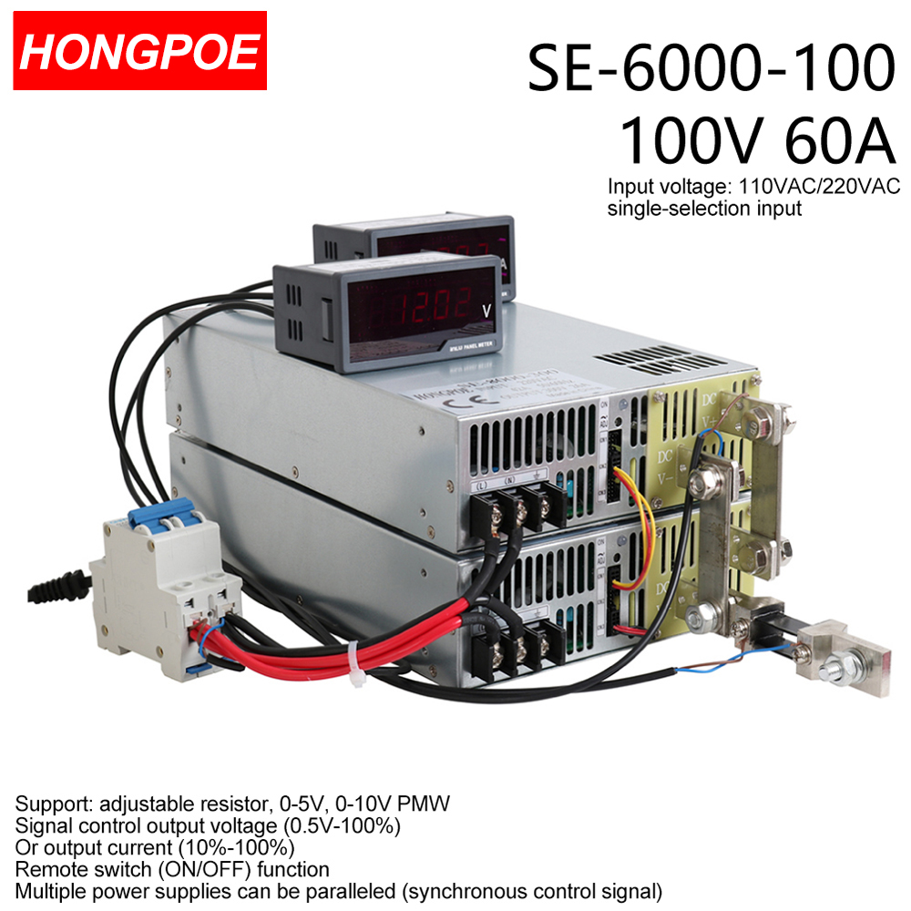 100V 60A 6000W CE-certified adjustable AC-DC power supply with 0-5V/0-10V PLC/PWM control and 0-100V voltage regulation