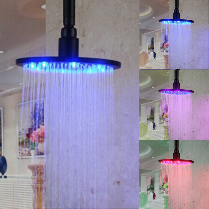 10-inch LED shower head with adjustable arm, featuring water-powered 3-color changing lights for bathrooms