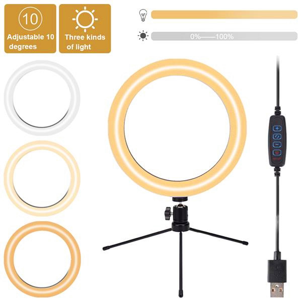 10-inch white USB-powered dimmable vanity light with free delivery, 25cm diameter, includes desktop tripod