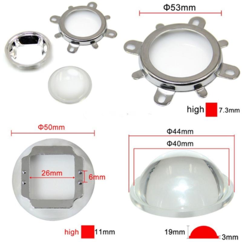 10-piece lamp covers and shades for 10W-100W high-power LEDs with 44mm lenses, 90-120° reflectors, and fixed collimator brackets