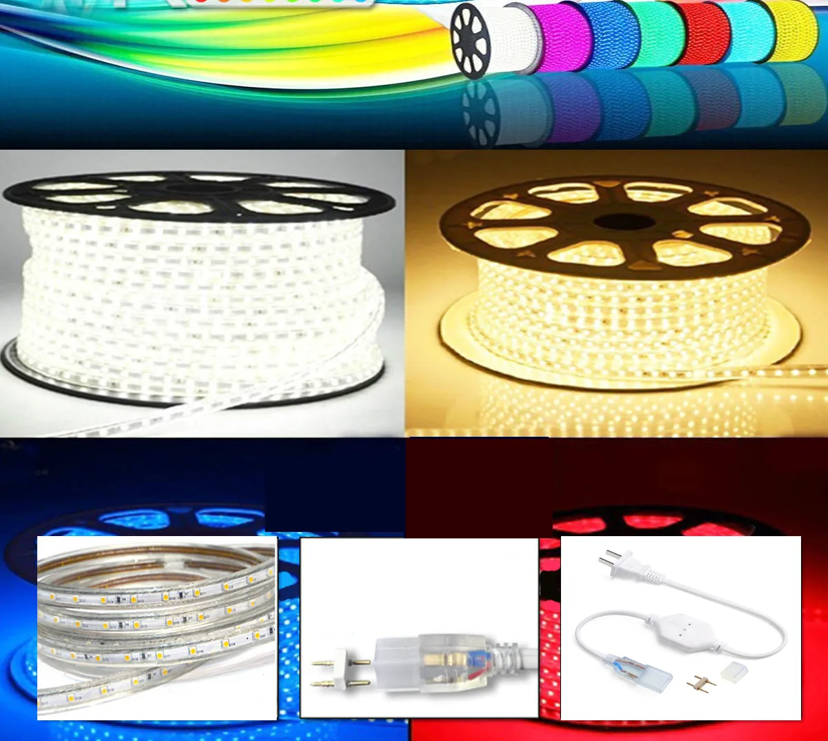 110V 220V LED Strips 100M SMD3528 SMD2835 SMD3014 flexible strip with Power plug IP67 Sigle Color Warm White Red Blue Green Cool White