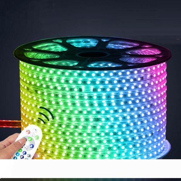 110V 220V waterproof RGB LED strip with RF remote, available in 5050 50m 100m for outdoor rope lighting, shipped by DHL