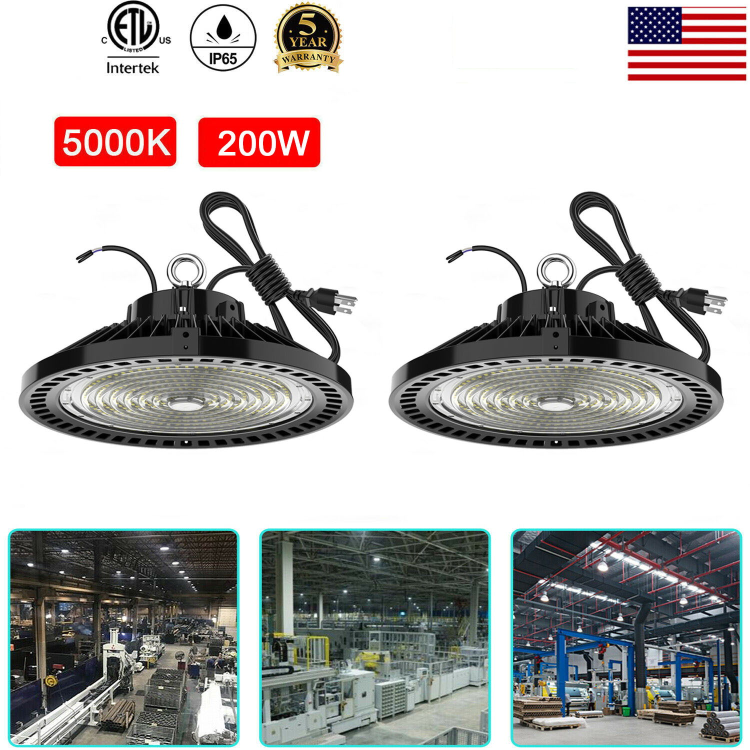 1-10V dimmable LED high bay lights with 150W, 200W, and 240W UFO models, 5000K color temperature, 36000 lumens output, IP65 rating, aluminum construction for mining and industrial use
