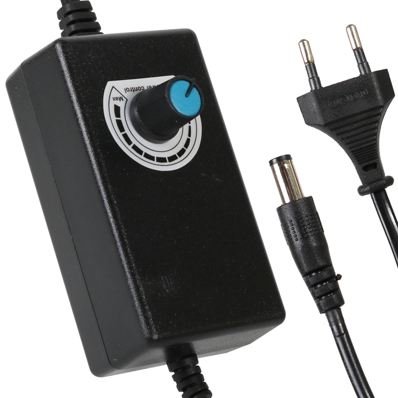 1-12V adjustable power supply with 12V 1A output, 100-2000mA stepless voltage regulation, DC12V input, 100-240VAC compatible, US/UK/AU/EU plug options