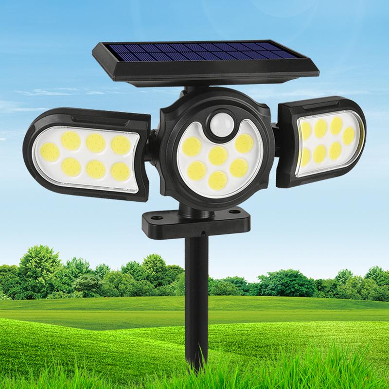 120 LED solar-powered outdoor lawn lamps with motion sensor, three-head design for garden, yard, and landscape spotlighting