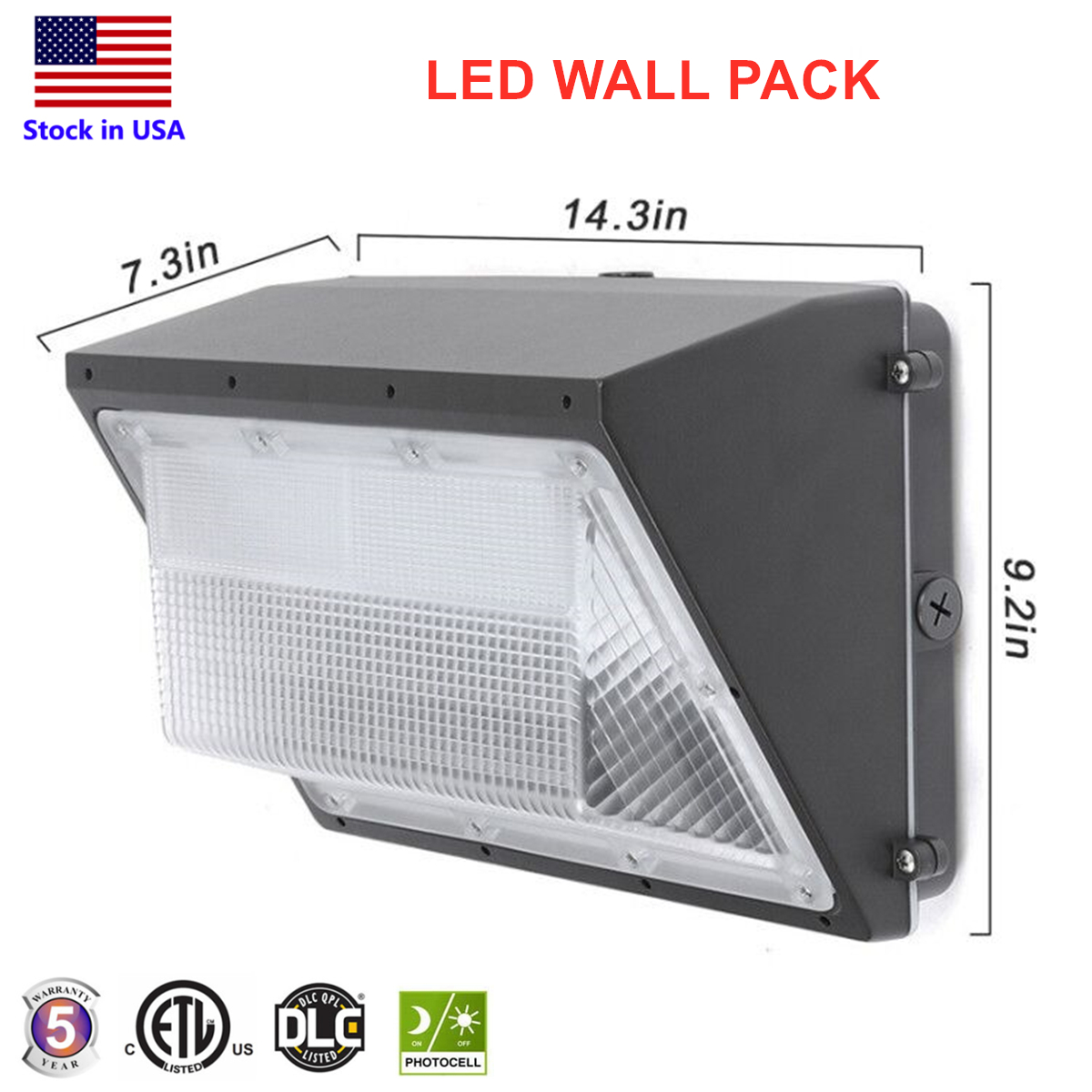 120W outdoor LED wall pack lamp with photocell sensor for dusk-to-dawn operation, ideal for commercial and industrial use in 5000K daylight with IP65 rating and 90-277V AC input