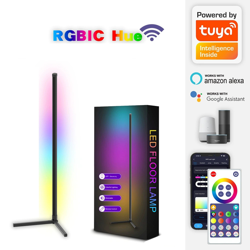 1.2M 1.6M Smart Corner Floor Lamp with RGB Ambient Lighting, WiFi/Bluetooth Control for Gaming Rooms and Wall Decor
