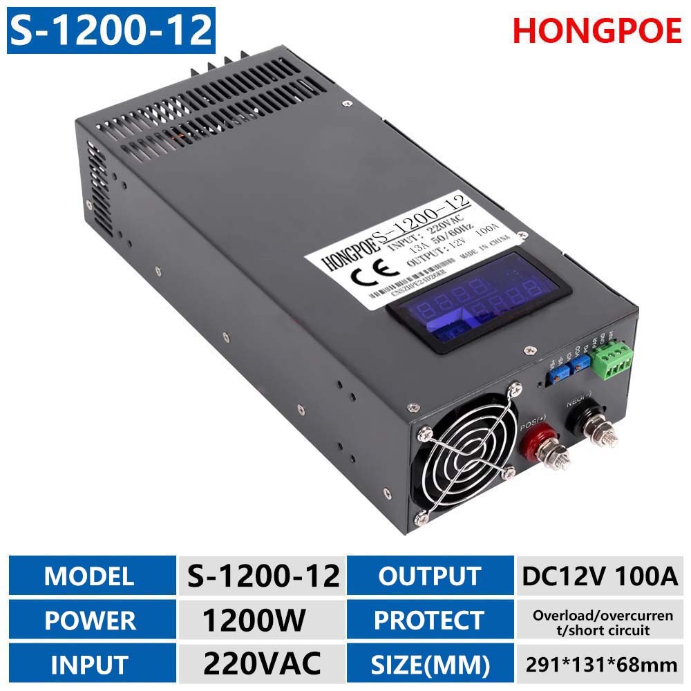 12V 100A 1200W digital display power supply, 0-12V adjustable AC-DC power transformer, power converter, suitable for LED light strips, displays, etc  

Digital display 1200W power supply with 0-12V...