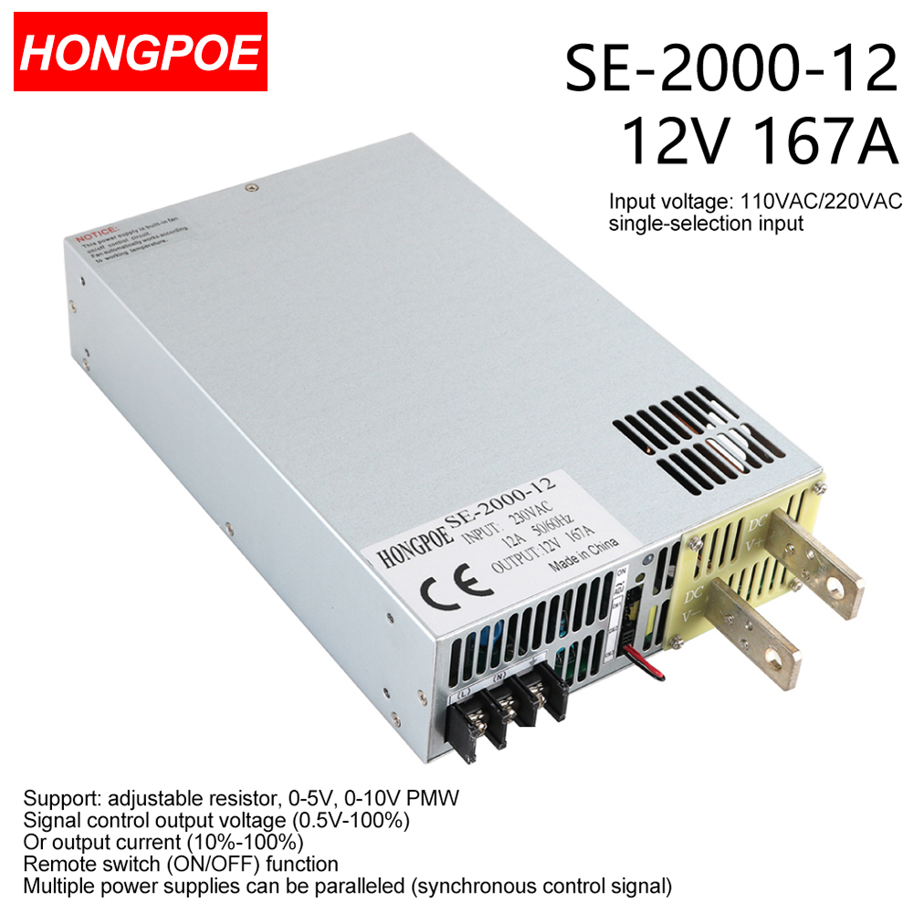 12V 167A 2000W SMPS with CE certification, adjustable AC-DC power supply featuring 0-5V/0-10V PLC/PWM control, 0-12V regulation