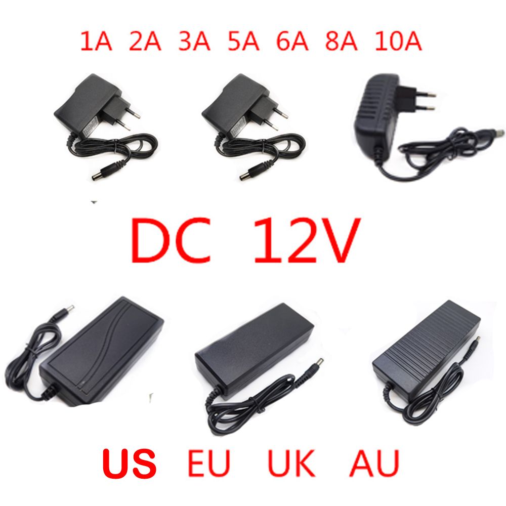 12V AC to DC power adapter for LED strips and CCTV, 100-240V input with 1A-10A output options