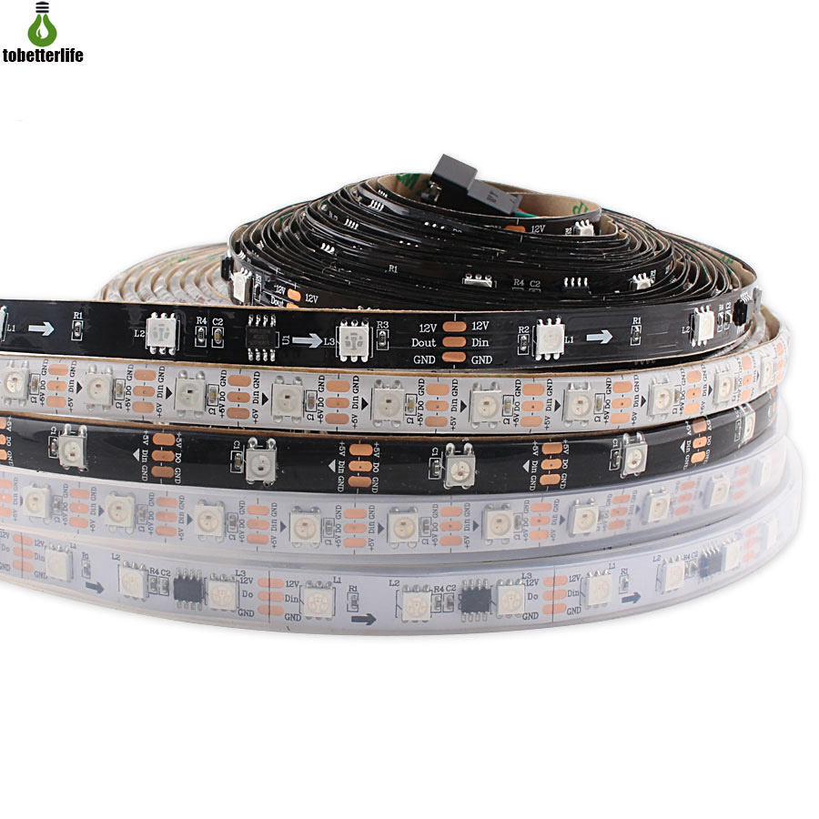 12V flexible RGB LED strip with 5050 pixels, 5M length, 150/300 LEDs, addressable color effects, available in IP20, IP65, IP67 waterproof ratings