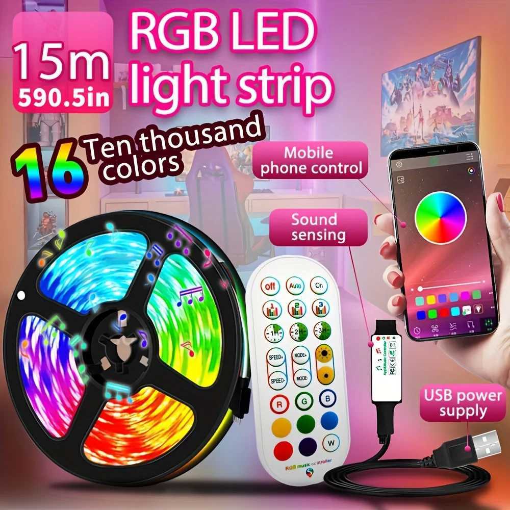 1-30M USB-controlled 5050 RGB LED strip lights with color-changing app for room decor and TV backlighting