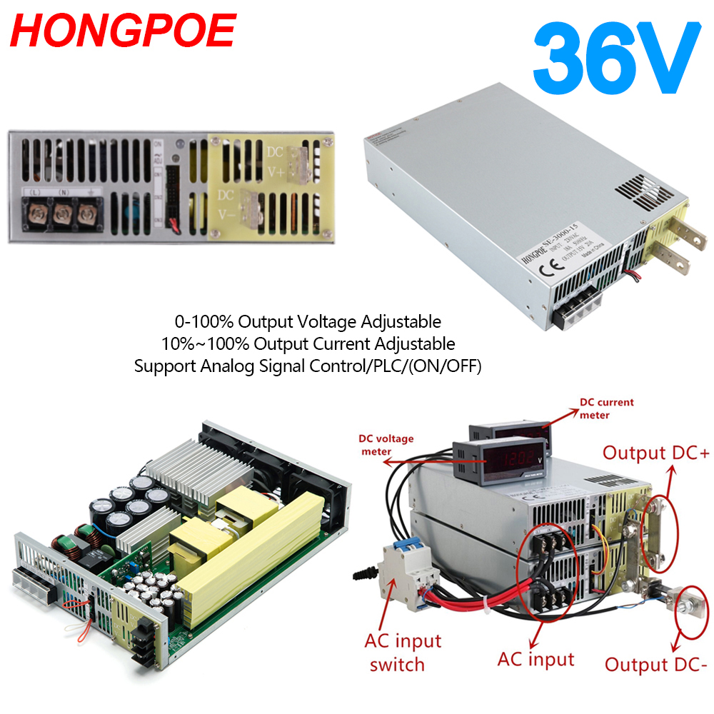 1500-8000W adjustable DC power supply with 0-36V output and 220V input, featuring analog/PLC control