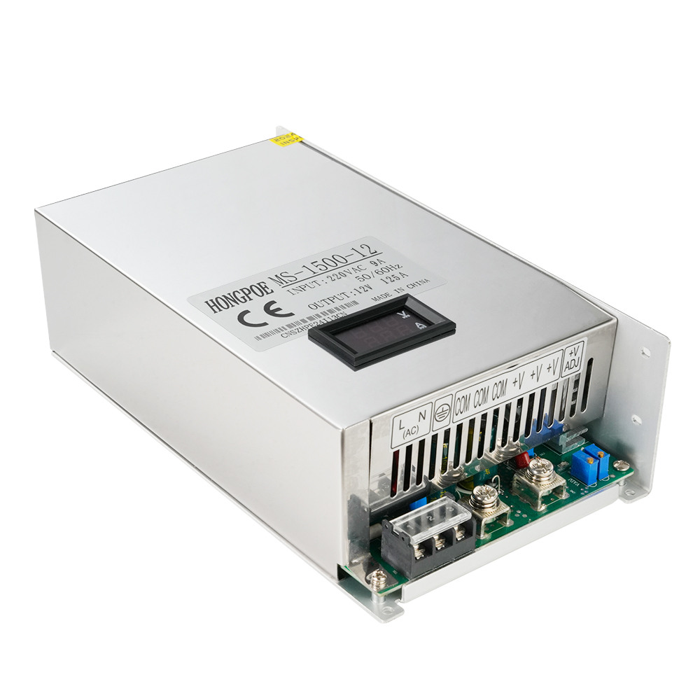 1500W 12V 125A digital industrial power supply with adjustable voltage display and monitoring adapter, converting 220V AC to 0-12V DC