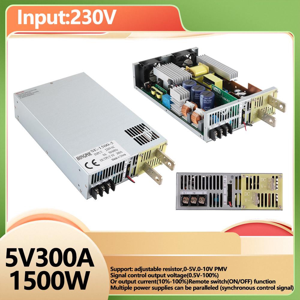 1500W 5V 300A adjustable AC-DC power supply with 0-5V/0-10V PLC/PWM control, CE certified for motor/battery/solar applications