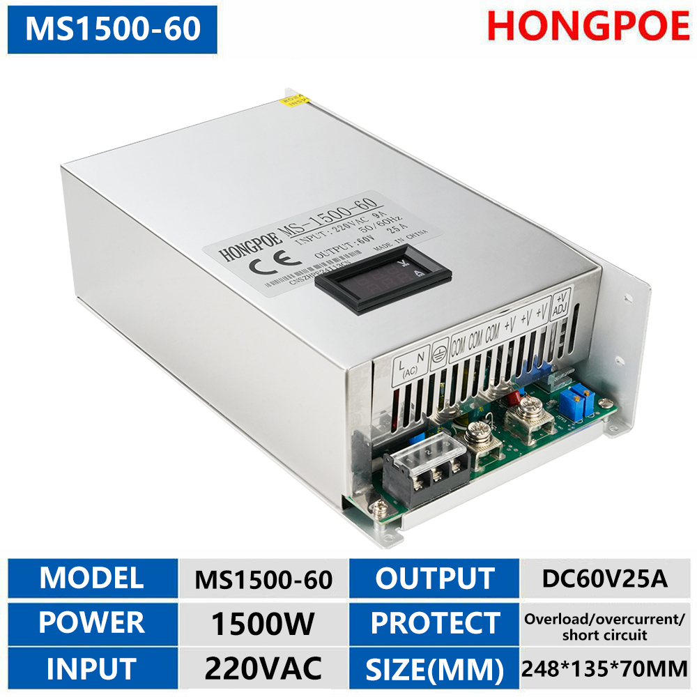 1500W 60V 25A digital display adjustable industrial power supply with monitoring adapter for AC to DC conversion