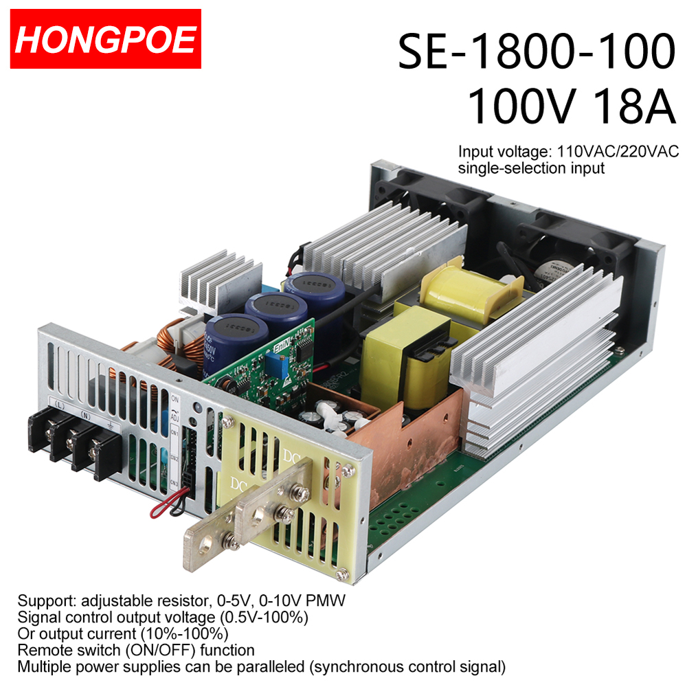1800W 0-100V adjustable switching power supply with CE certification, featuring 0-5V/0-10V PLC/PWM control and 100V 18A transformer for motor/battery/solar applications