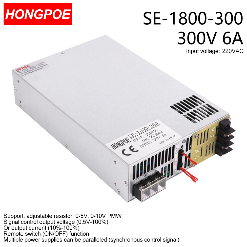 1800W 0-300V SMPS CE Certified Adjustable AC-DC Power Supply with 0-5V/0-10V PLC/PWM Signal Control, 300V 6A Transformer for Motor/Battery/Solar Power