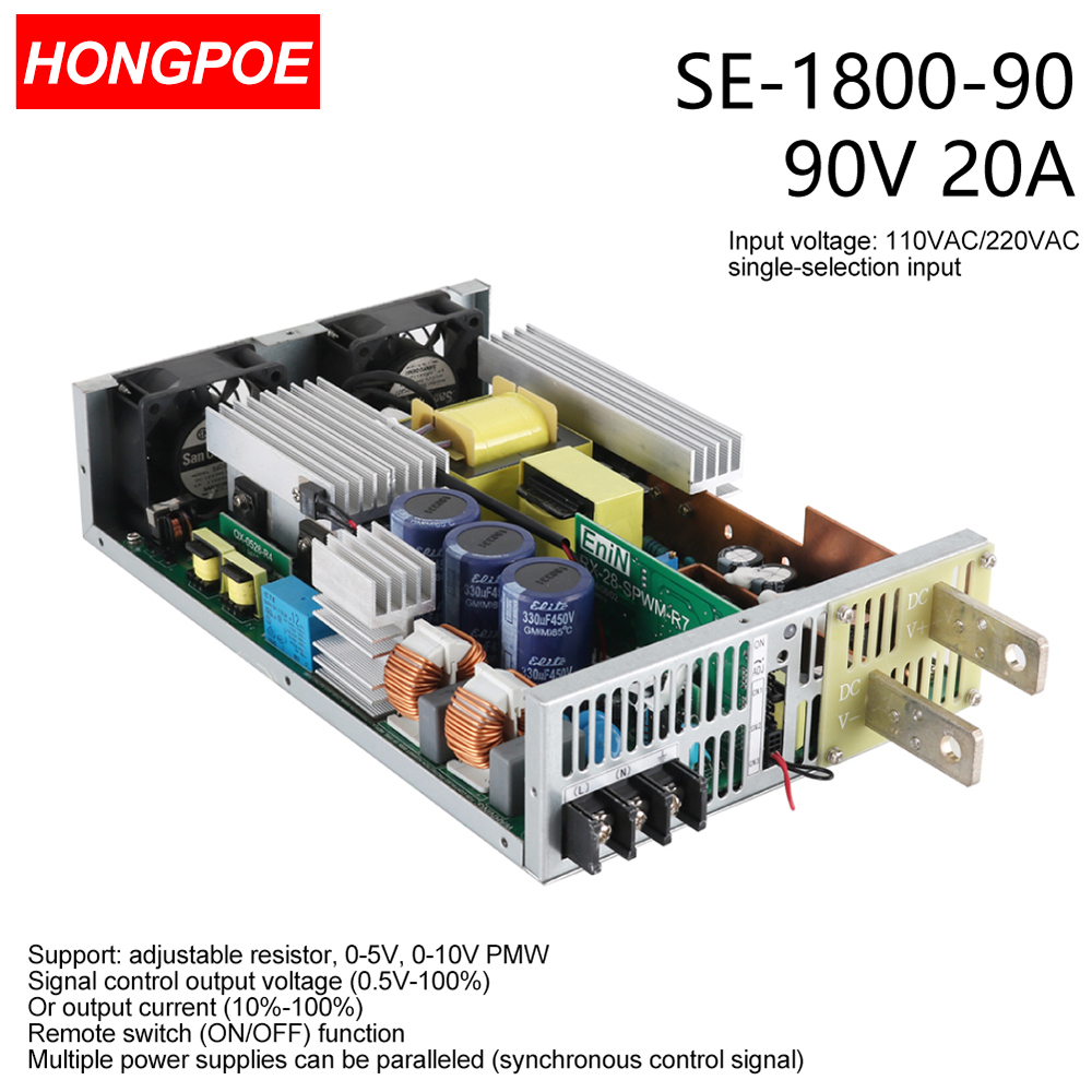 1800W 0-90V adjustable SMPS power supply with CE certification, featuring 0-5V/0-10V PLC/PWM control and 90V 20A transformer for motor/battery/solar applications