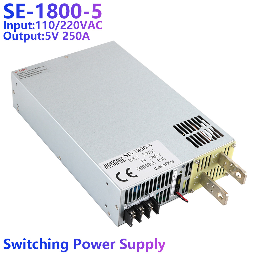 1800W 5V power supply with adjustable 0-5V output, 5VDC AC/DC conversion, analog signal control, SE15005 transformer supporting 5V 360A, compatible with 110VAC and 220VAC input