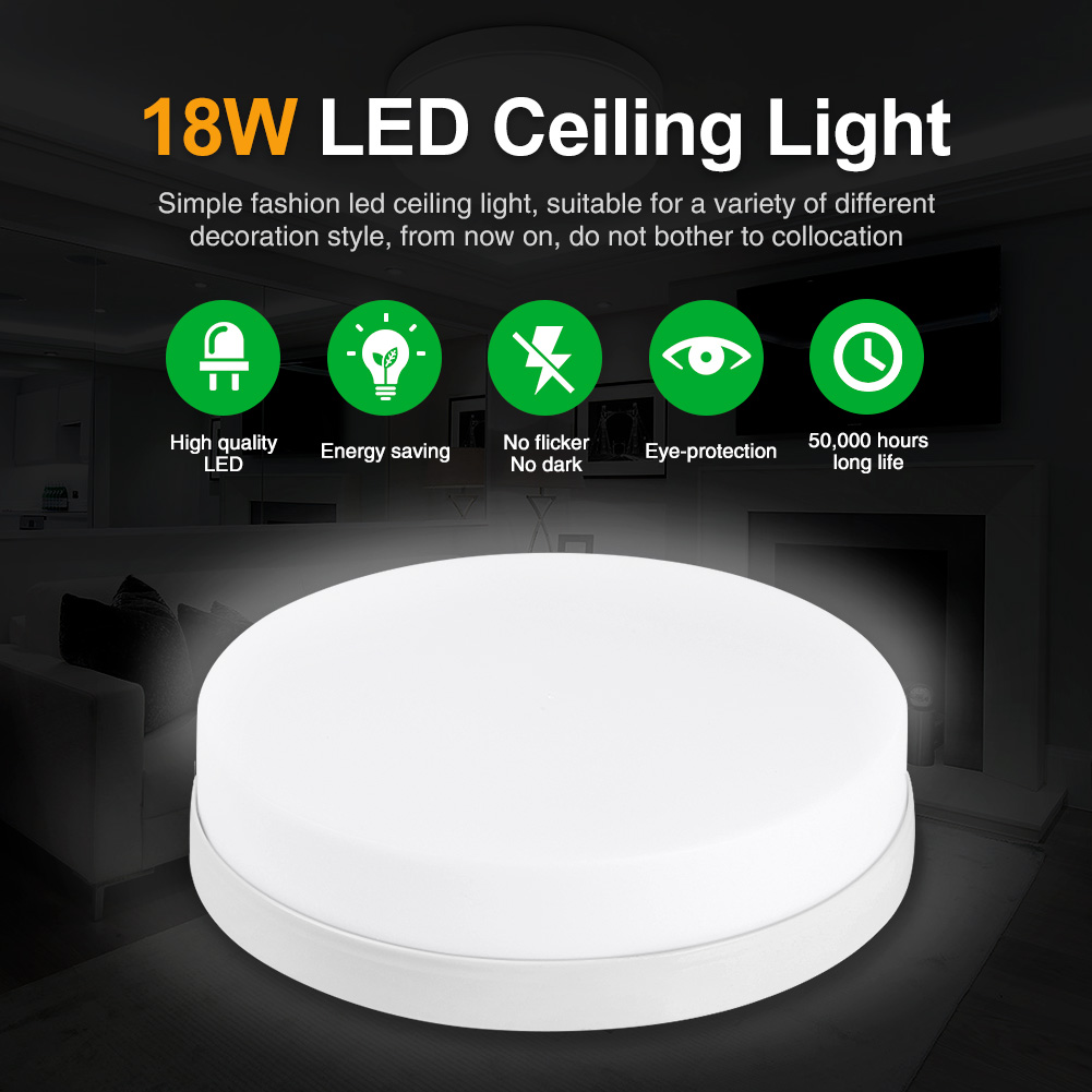 18W Fashion Round Plate Light Cold White LED Ceiling Lamp Fixture for Kitchen Bedroom Bathroom Lamps
