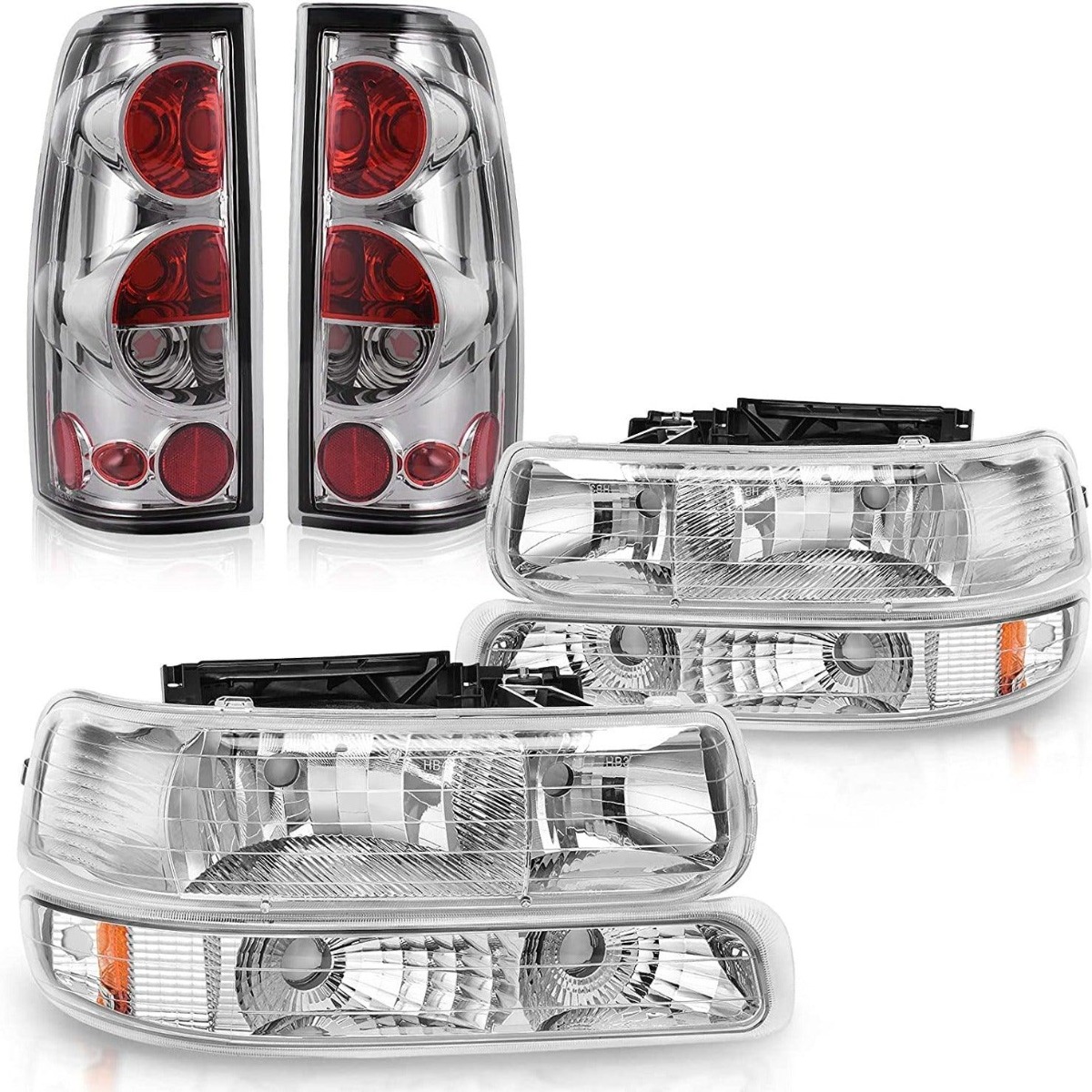 1999-2002 Chevy Silverado replacement headlights and taillights combo with chrome housing and clear lenses