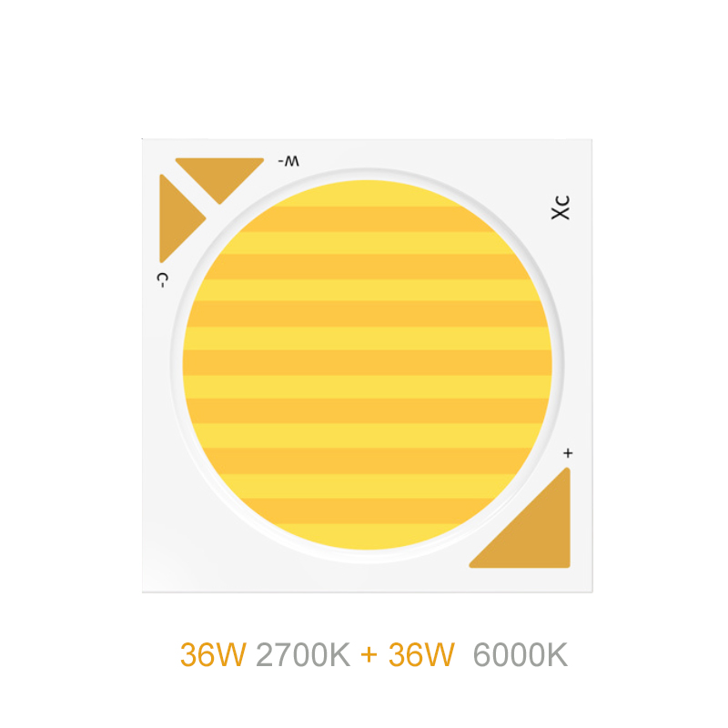 19x19mm dual-color COB LED chip with 36W power, 900mA current, high CRI 90Ra, available in 2700K warm and 6000K daylight for downlights, spotlights, and track lighting
