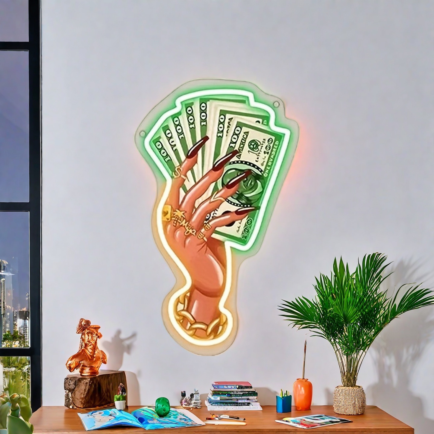 1pc Green Dollar Bill LED Neon Sign with Gold Highlights, USB-Powered Acrylic Wall Decor for Bedroom, Living Room, or Office