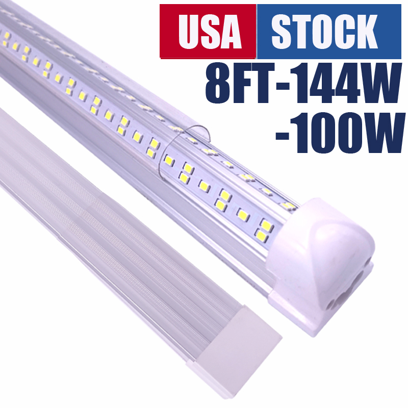 2 3 4 5 6 8Ft LED V-Shape Shop Lights with Double Row Integrated T8 Tubes for Warehouses Garages Workshops featuring 270° Cold Beam Angle and Linkable Surface Mount