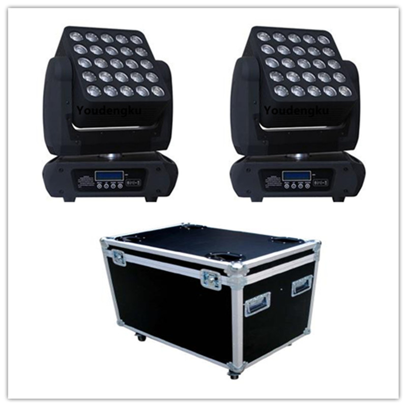 2 compact flightcase LED disco stage lights featuring 5x5 matrix and 25x10W RGBW 4-in-1 LED moving heads