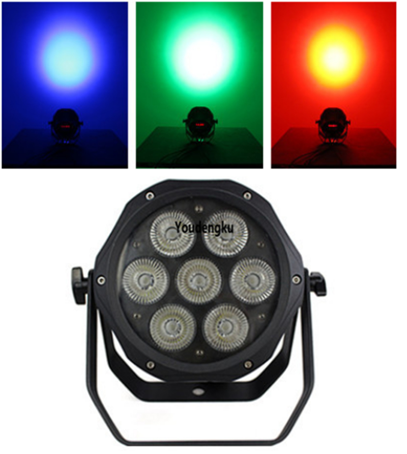 2 DMX-controlled flat par 7x18W RGBWA UV 6-in-1 LED mini slim par lights with PowerCon connectors