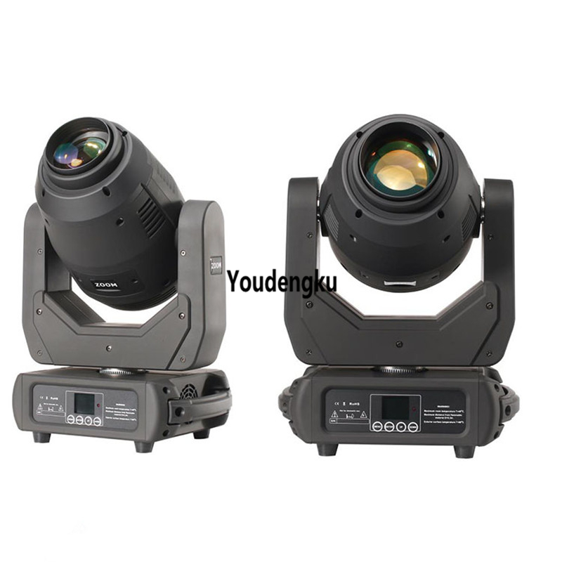 2 DMX-controlled LED moving head spotlights with lyre design, combining beam, spot, and wash functions in 250W stage lighting