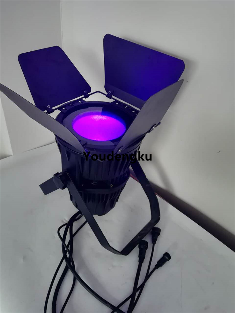 2 high-power 200W COB PAR LED lights featuring RGBWA UV 6-in-1 technology, waterproof IP65 rated with barn door attachments
