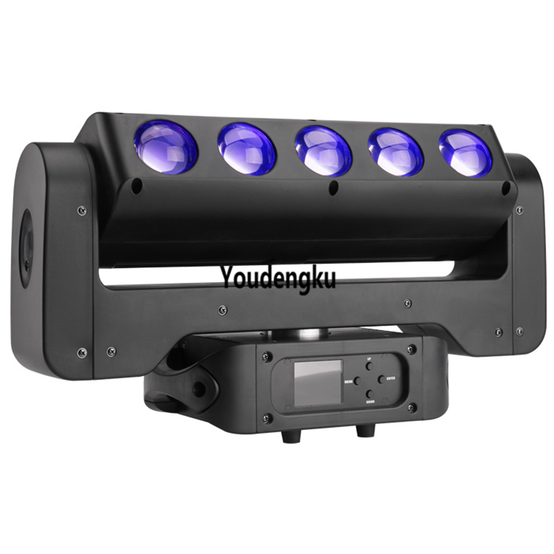 2 RGB strobes (250x0.2W) and 5 RGBW moving heads (40W 4in1) with DMX512 control and Lyre cyclic beam effect