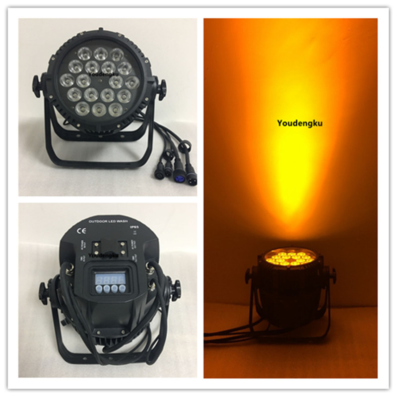 2 waterproof PAR 64 stage lights for outdoor use, featuring 18x18W RGBWA UV 6-in-1 LED with DMX control