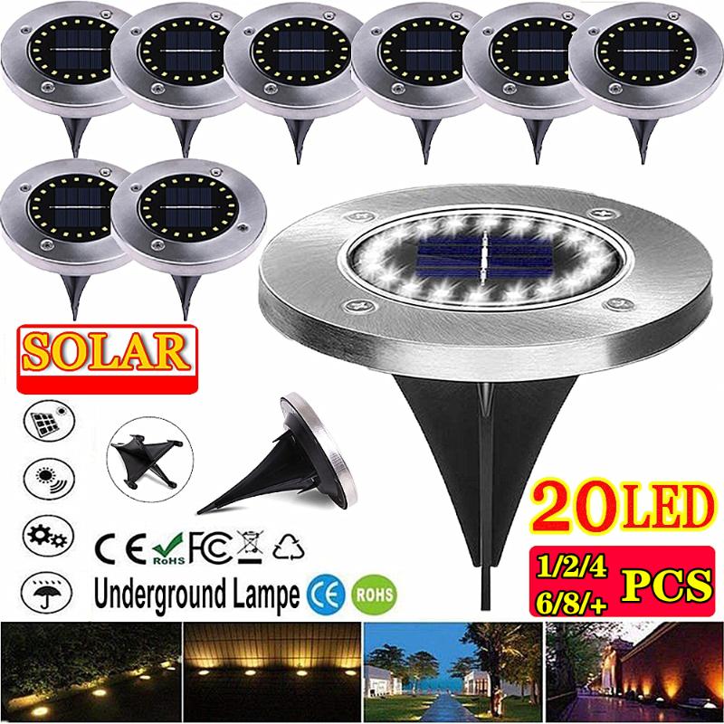 20 LED solar-powered waterproof disk lights with light sensor, ideal for illuminating pathways, driveways, patios, and enhancing yard decoration