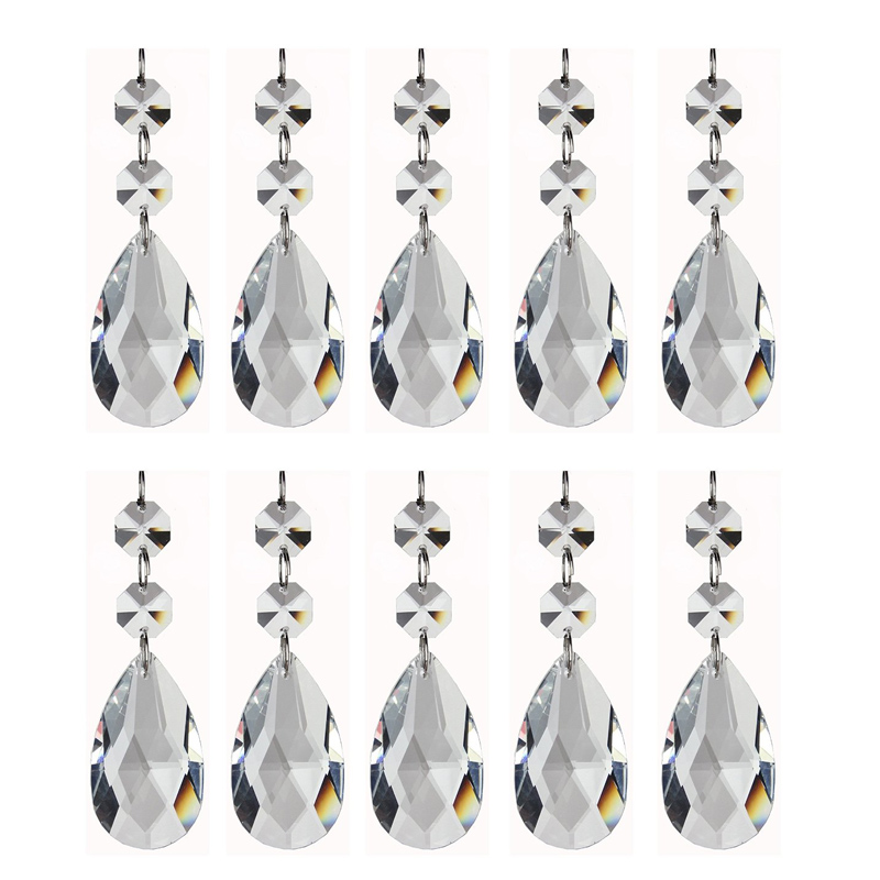 20 silver-connector crystal teardrop prisms with octagon beads for chandeliers, 38mm