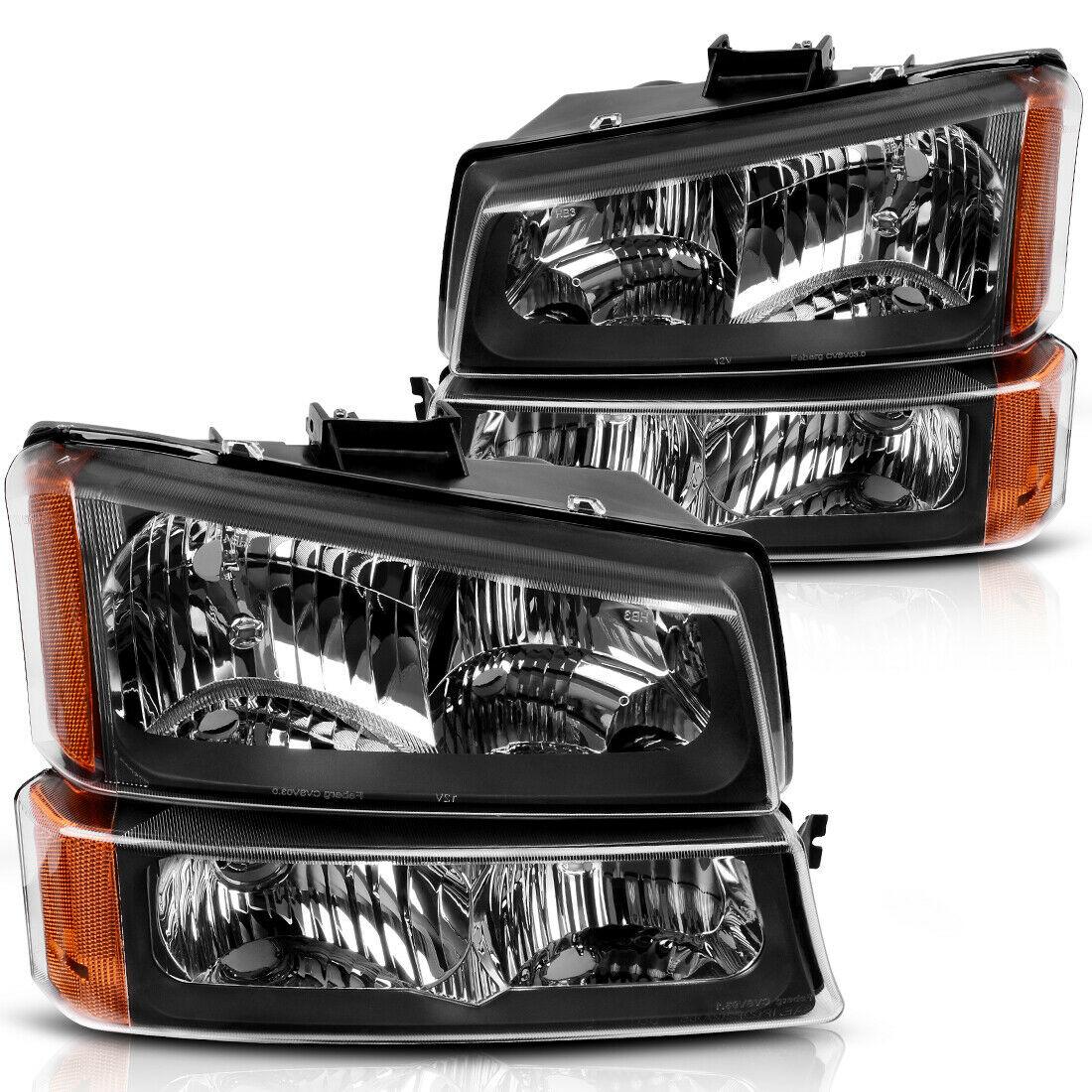 2003-2007 Chevy Silverado black housing headlight assembly with amber side markers and bumper lamps