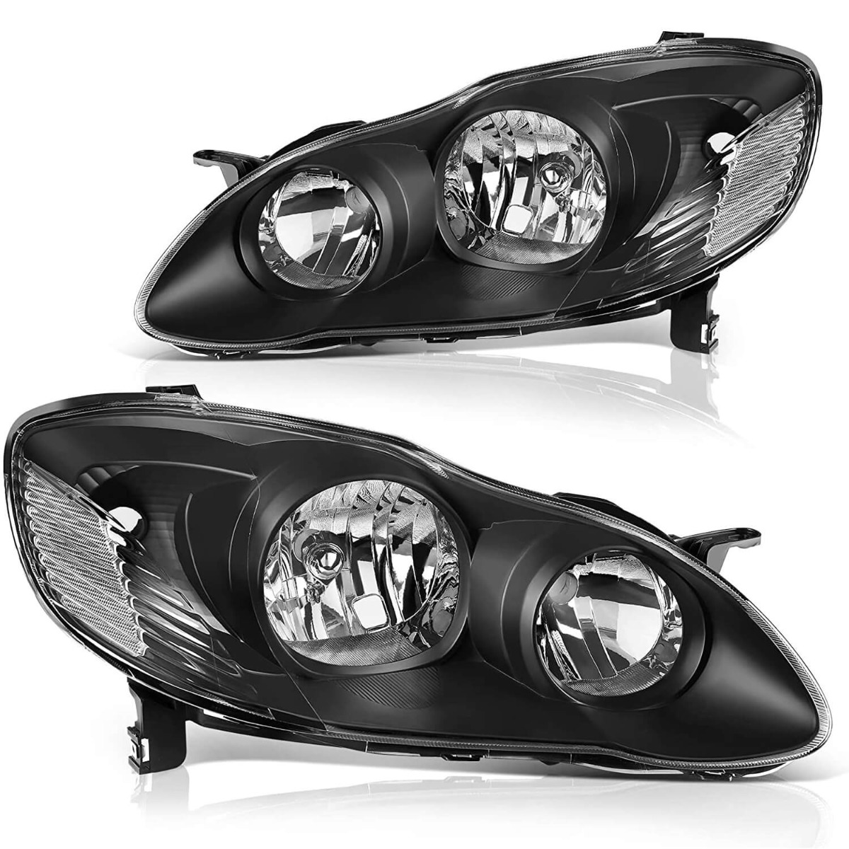 2003-2008 Toyota Corolla headlight assembly with black housing, clear reflector and lens