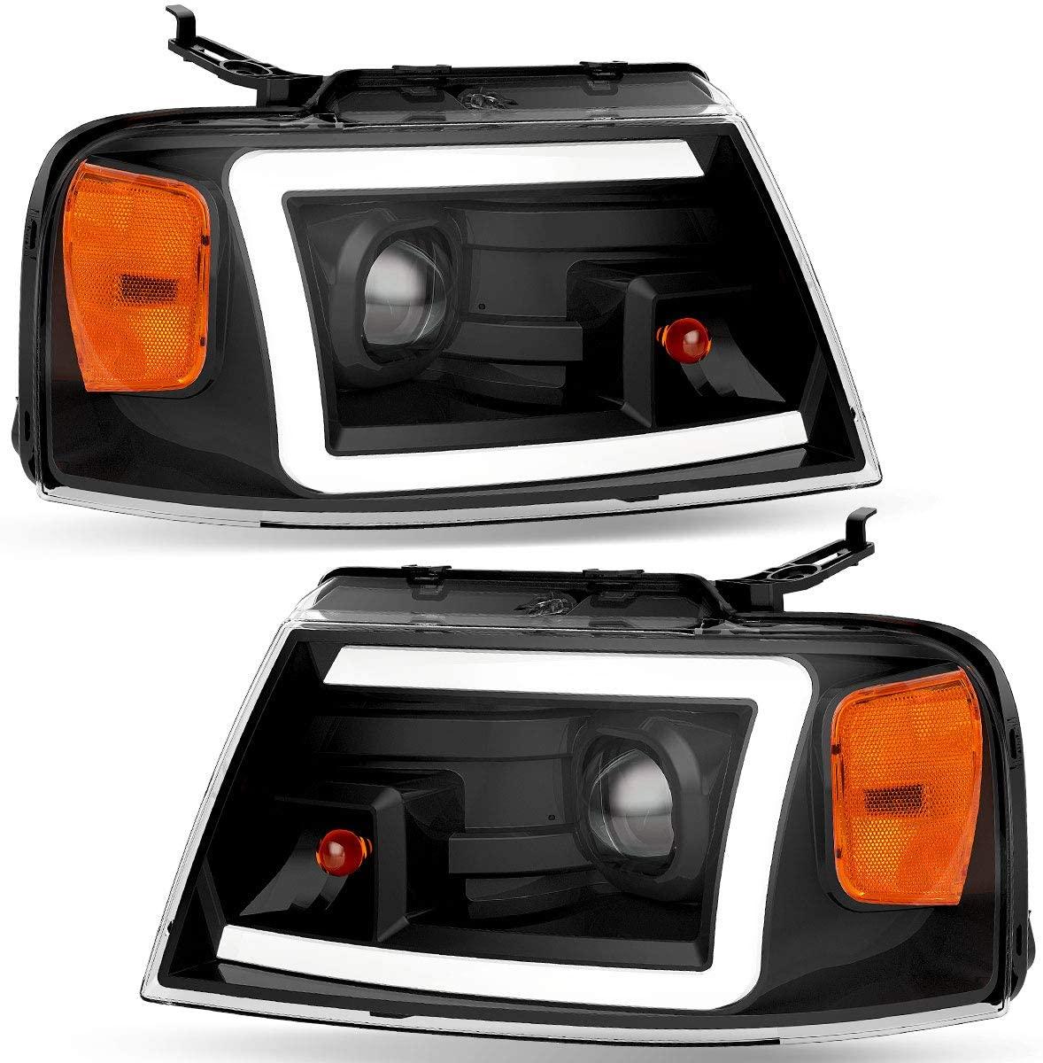 2004-2008 Ford F150 pickup truck headlights with dual projectors and LED daytime running lights, featuring clear lens spotlights