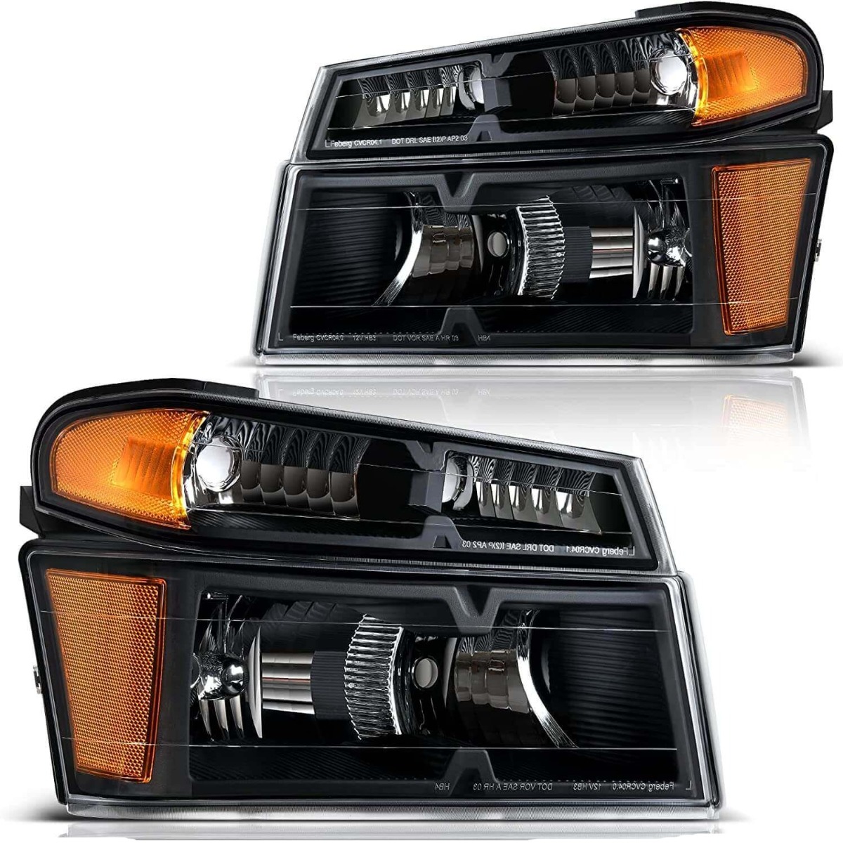 2004-2012 Chevy Colorado and 04-12 GMC Canyon headlight assembly with black housing and amber reflector