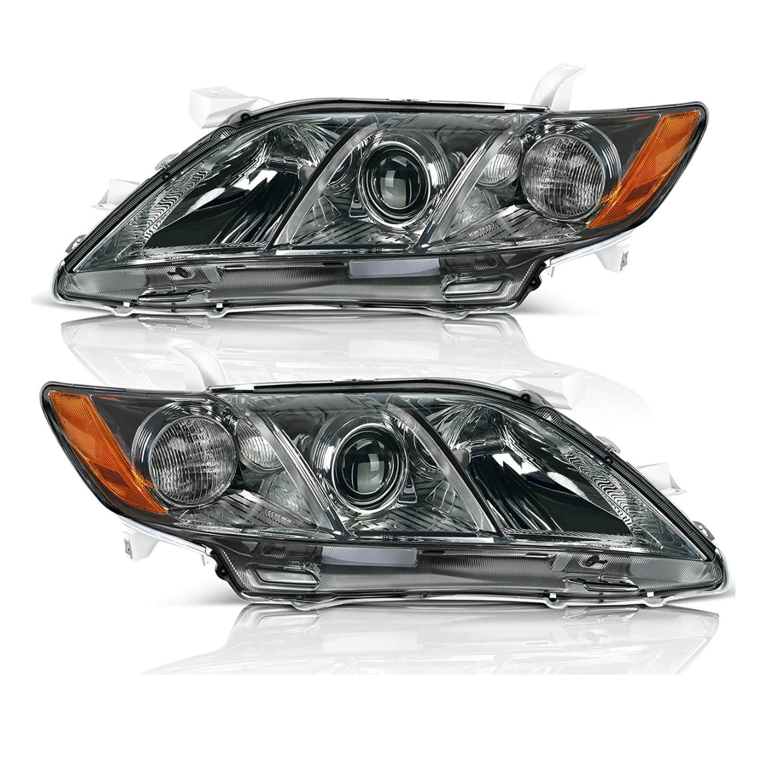2007-2009 Toyota Camry headlight assembly excluding hybrid models with projector and chrome housing featuring smoke lens