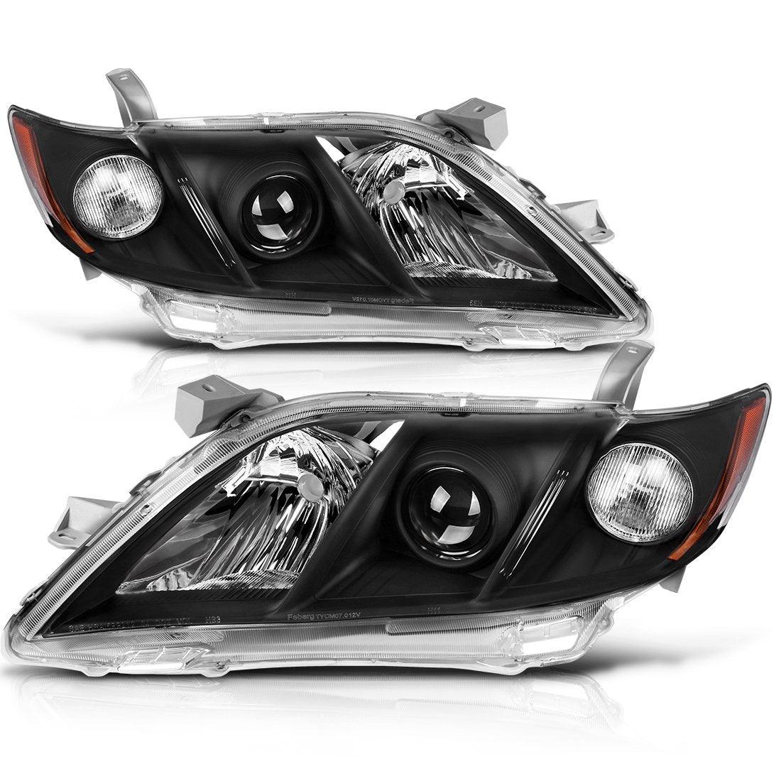 2007-2009 Toyota Camry headlight assembly with black housing and amber reflector